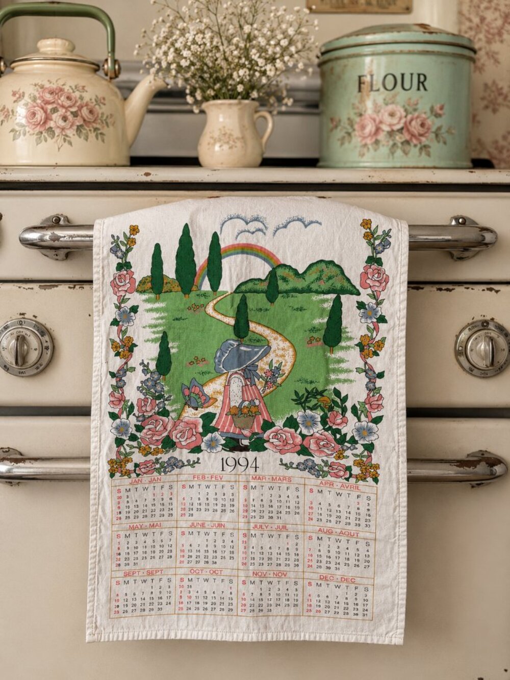Vintage 1994 Cotton Calendar Tea Towel Bonnet Girl Floral Cottagecore 22.5x14.5